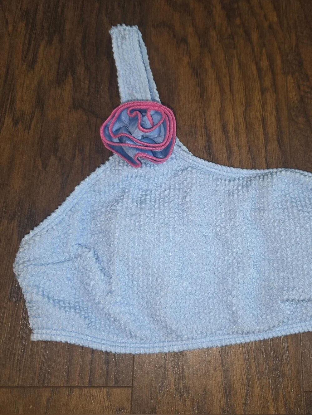 Light Blue Vintage Inspired One-Shoulder Textured Bikini with Pink Floral